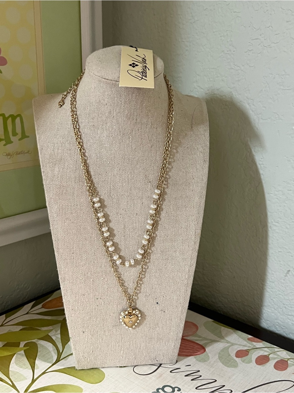 NWT Patricia Nash Gold-Tone Double Layer Necklace with Pearls and Heart Charm 3p